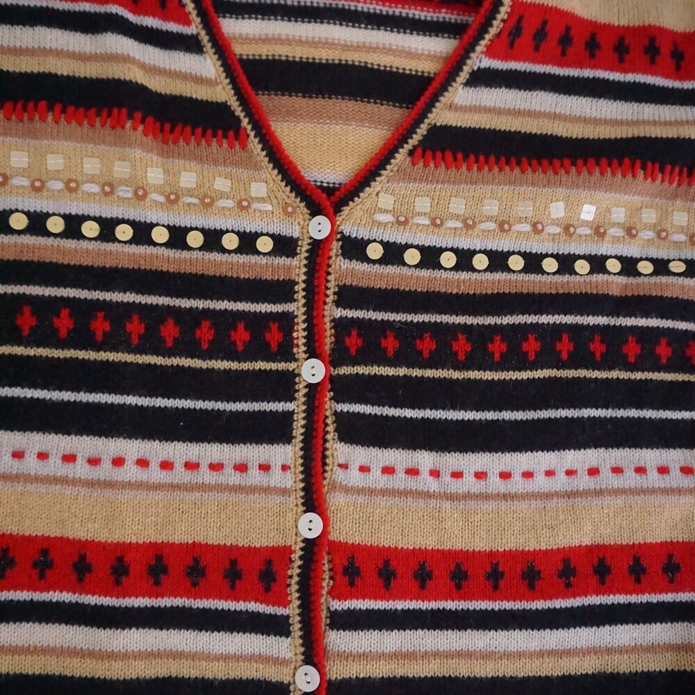 St Johns Bay Tan Red Striped Knit Button Cardigan Classic Preppy Grandmacore L - Picture 7 of 12